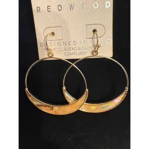 Redwood Gold Tone Crescent Moon Hoop‎ Earrings Iridescent Inlay Boho Celestial